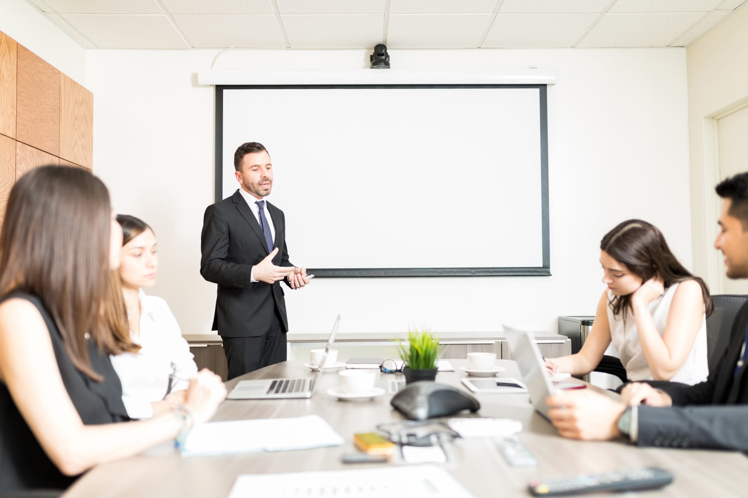 Confident mid adult businessman giving presentation to colleagues in boardroom